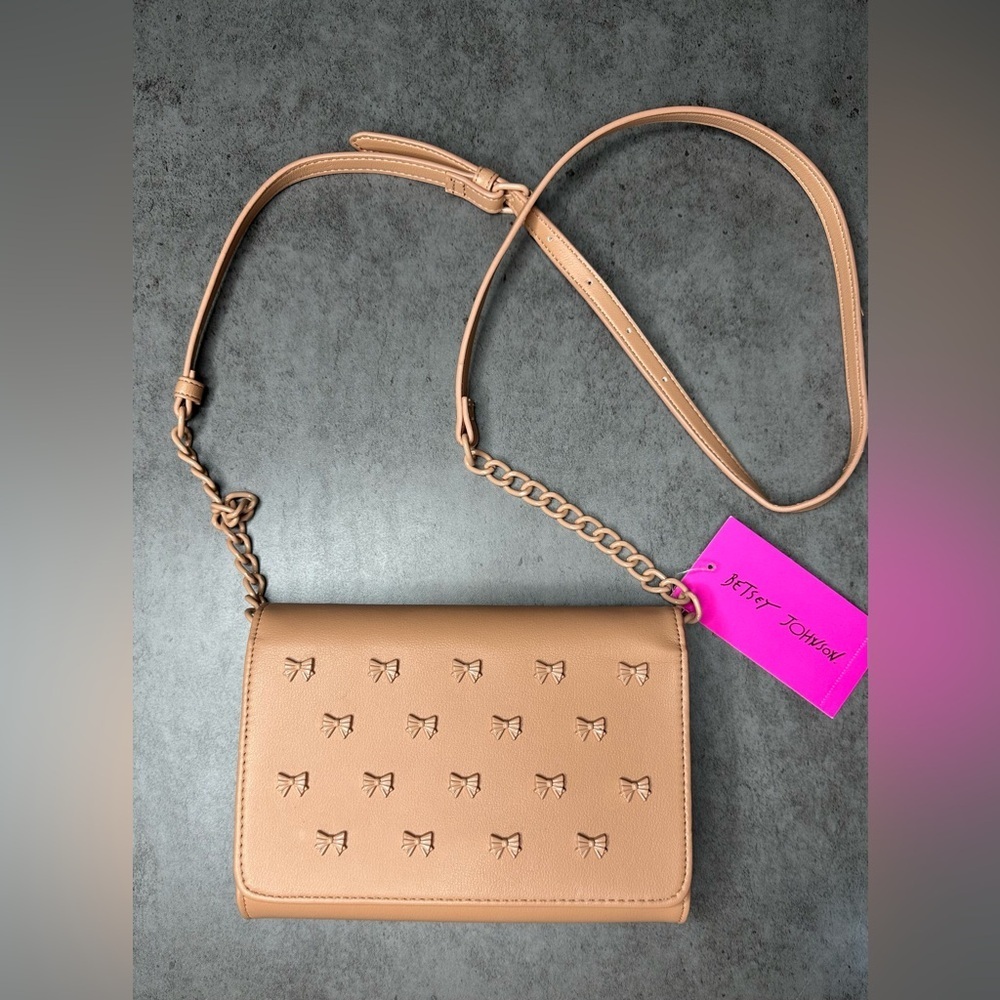 Betsey Johnson Tan Crossbody Bag with Bow Accents